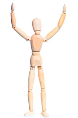 wooden man with hands raised on white background