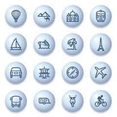Travel icons on blue buttons.