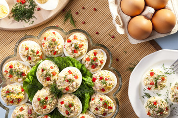 stuffed eggs with ham, red pepper and dill