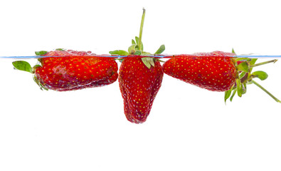 fresh strawberry dropped into water with splash on white backgrounds