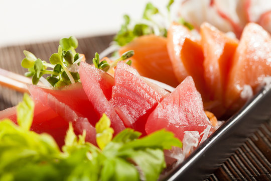 sashimi, raw fish mixed in traditional Japanese style
