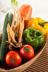 fresh vegetable, mix fresh vegetable in wooden bowl
