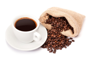 cup of coffee and beans isolated on white background