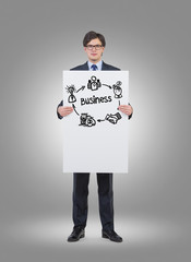 Fototapeta premium Businessman holding a business plan poster