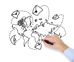 Hand drawing a sketch of the world delivery map