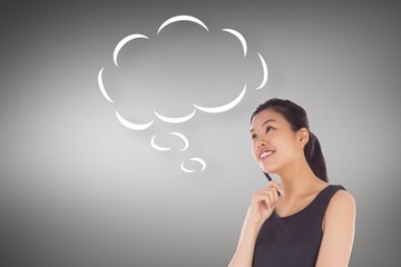 Composite image of thinking businesswoman with speech bubble