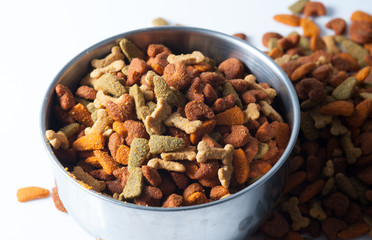 Silver bowl full and overflowing with dog food bits on a white b