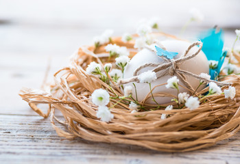 Easter egg in nest, rustic .Easter card,background.