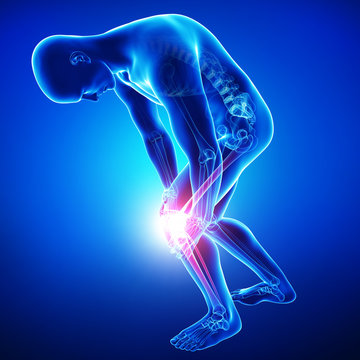 Male knee pain anatomy on blue
