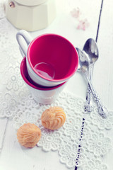 Espresso coffee cups, italian mocha and small biscuits