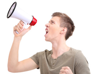 Portrait of young man handsome shouting using megaphone ,