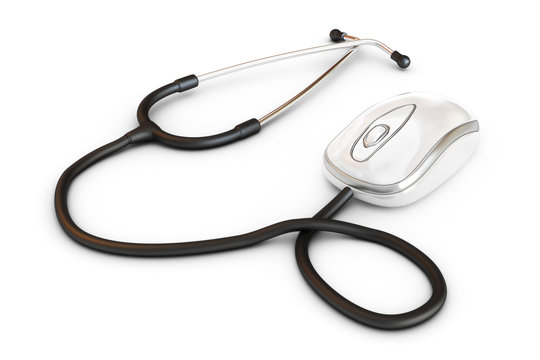Online medical. Stethoscope attached to a computer mouse.