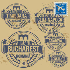 Grunge rubber stamp set with names of Romania cities