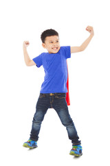 happy super kid hero imitate superman pose