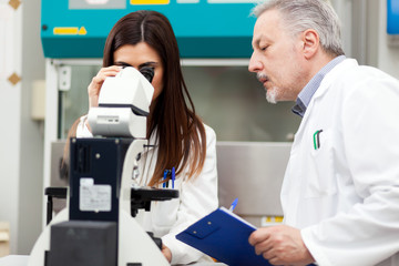 Couple of scientist researching in a laboratory