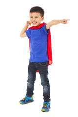 happy superhero kid pointing and ready to fight