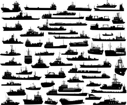 Vector set of 60 silhouettes of sea towboat and the ships