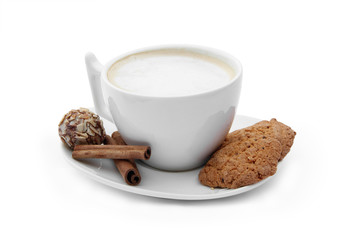 cup of coffee with chocolate candy, cookies and cinnamons