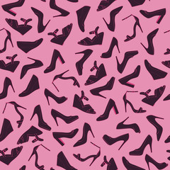Seamless lady's shoes light pattern. Black and pink colors.