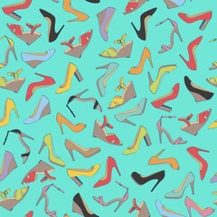 Fototapeta na wymiar Seamless lady's shoes colorful pattern. Green background.