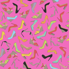 Fototapeta na wymiar Seamless lady's shoes colorful pattern. Pink background.