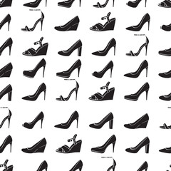 Seamless lady's shoes black and white pattern.