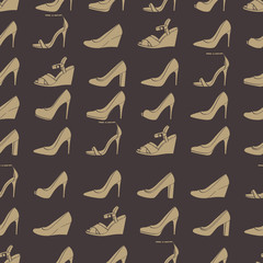 Seamless lady's shoes dark pattern. Black and beige colors.