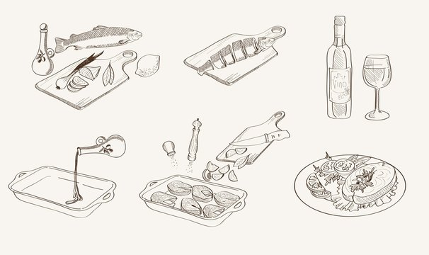 vector process fish cooking sketch