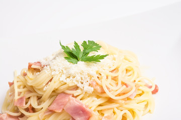 Spaghetti Carbonara With Baked Ham And Parmesan Close Up