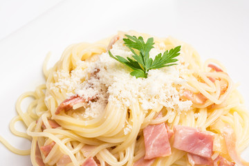 Spaghetti Carbonara With Baked Ham And Parmesan Close Up