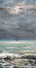 Small boat on the sea before storm.Watercolors
