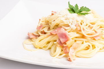 Spaghetti Carbonara Plate With Baked Ham And Parmesan