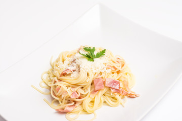 Spaghetti Carbonara Plate With Baked Ham And Parmesan
