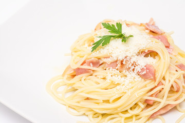 Spaghetti Carbonara With Baked Ham And Parmesan Close Up