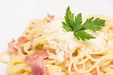 Spaghetti Carbonara With Baked Ham And Parmesan Close Up