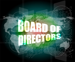 board of directors words on digital screen, world map