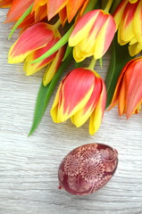 piękna pisanka wielkanocna i tulipany - obrazy, fototapety, plakaty