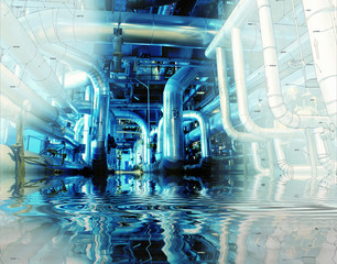 Sketch of piping design mixed with industrial equipment photo