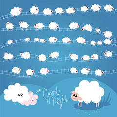 Good Night Vector Illustration for Kids with Individual Sheeps