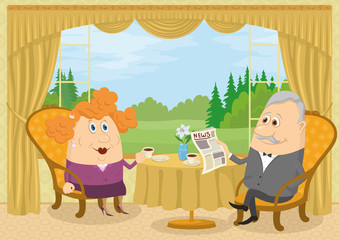 Old Gentleman and lady drinking coffee