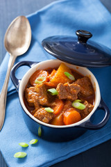 beef stew with potato and carrot in blue pot