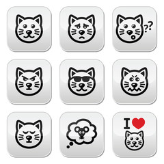 cat buttons set - happy, sad, angry isolated on white