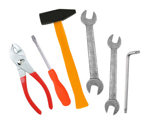 Hammer, screwdriver and wrenches isolated on white