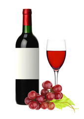 Obraz premium bottle and glass of red wine and grape isolated on white