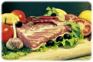 Still Life with Fresh Meat and Vegetables in Retro Styling