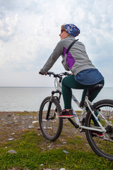 Extreme mountain bike sport athlete woman riding outdoors