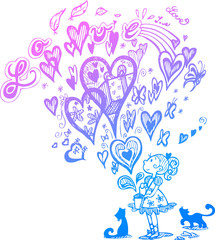 Girl and bag with flying hearts and doodles