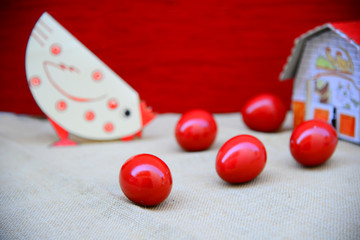 Easter eggs, basket, paper hen