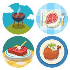 set of grill and meat icons in flat design
