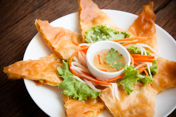 Fried Shrimp tiles on wood table. Thai food